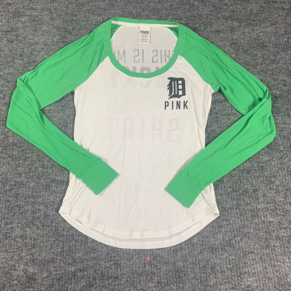 PINK Detroit Tigers T Shirt Womens XS White Green MLB Baseball Long Sleeve Top